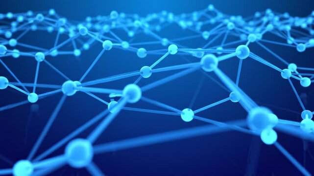 Abstract blue network nodes moving in a digital grid with smooth camera parallax during a technological concept