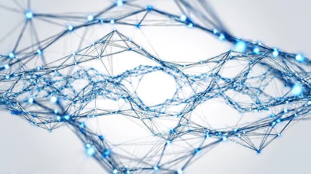 Abstract blue network structure with glowing nodes pulsing during futuristic digital data flow against a clean white background