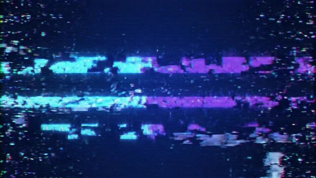 Digital glitch effect background, with neon blue, and purple noise, distortion overlay static