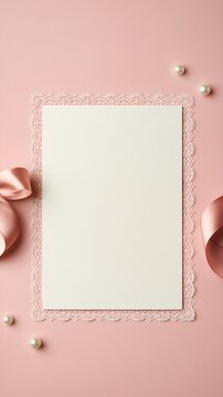 Soft pink backdrop features a blank card framed with delicate lace