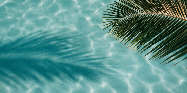 Close-up of palm frond over sparkling pool water