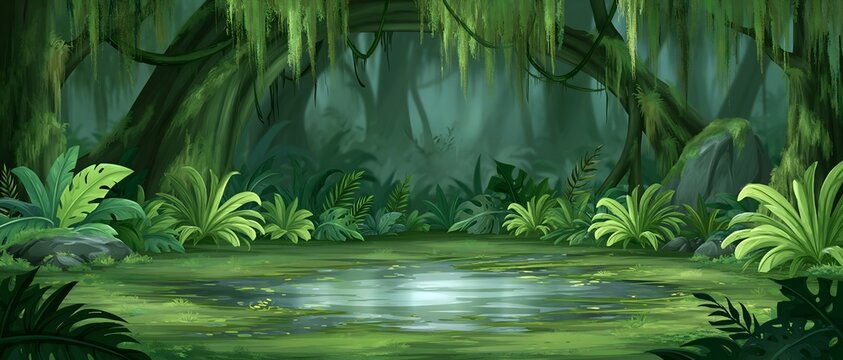 Dense rainforest with hanging vines and tranquil water