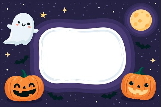 Night scene with smiling ghost, pumpkins, bats, and moon