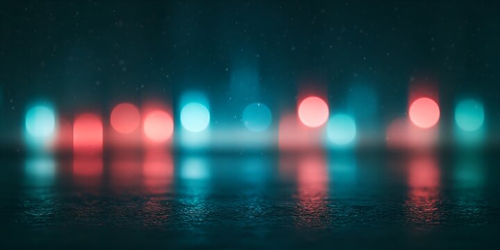 Dark urban night with colorful blurred lights on rain-slicked ground