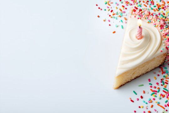 Delightful birthday cake slice with sprinkles on white background