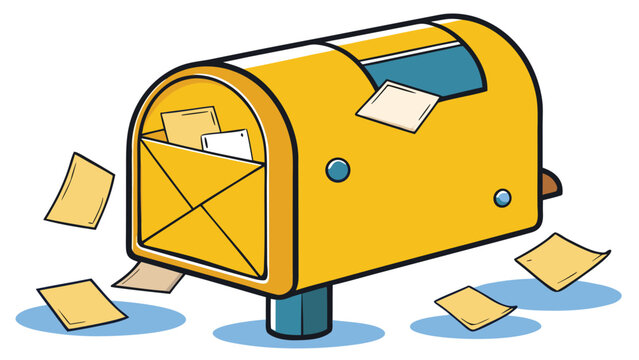 Yellow mailbox overflowing with letters and envelopes in a flat vector illustration style for postal service and communication concepts