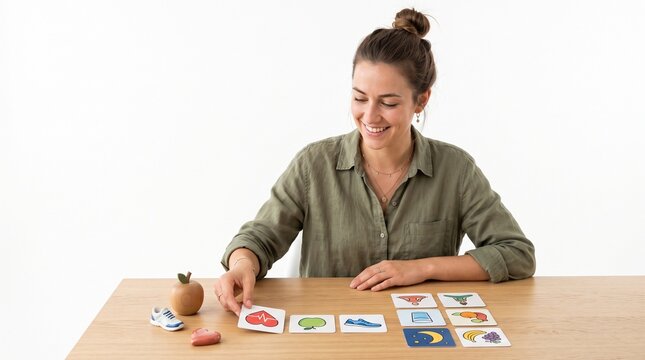 Woman playing a health and wellness matching game with illustrated cards