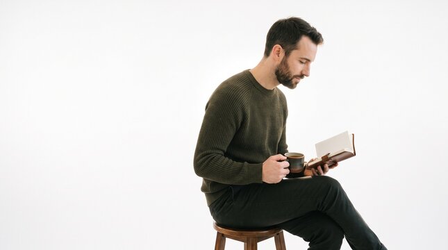 Man Sitting on Stool Reading a Book and Holding a Coffee Cup