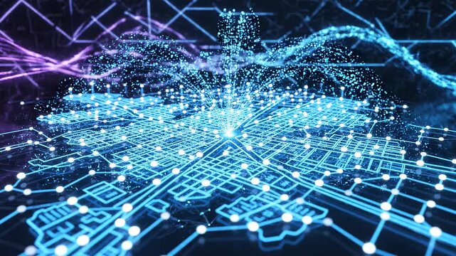 Abstract digital network glowing with neon lights in a futuristic cityscape during twilight