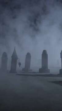 fogfilled graveyard at midnight, rows of weathered tombstones, drifting mist, dim lantern glow, lone groundskeeper silhouette tending plot, distant bell toll, cinematic moody atmosphere with slow