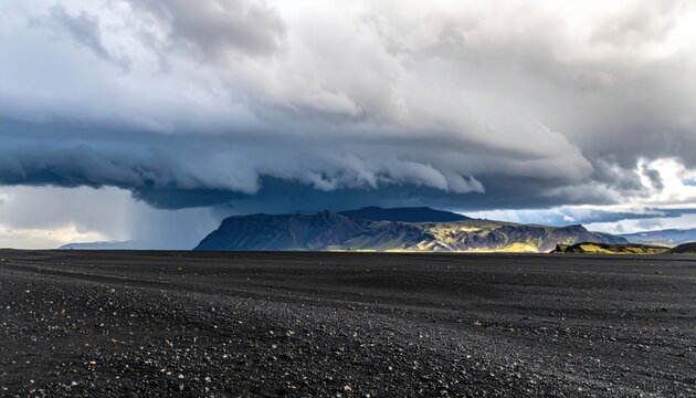 Dramatic storm clouds gather over a vast volcanic ash plain and distant mountain landscape