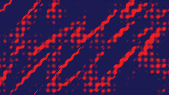 Abstract halftone artwork speedy motion, featuring vibrant red and orange dotted waves sweeping diagonally across a deep navy background with energetic flowing movement.