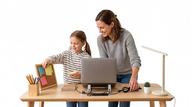 Mother and daughter learning together at a desk with a laptop and corkboard
