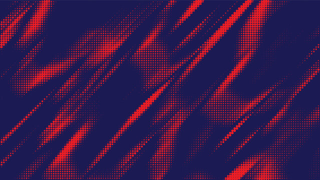 Abstract halftone artwork speedy motion, featuring vibrant red and orange dotted waves sweeping diagonally across a deep navy background with energetic flowing movement.