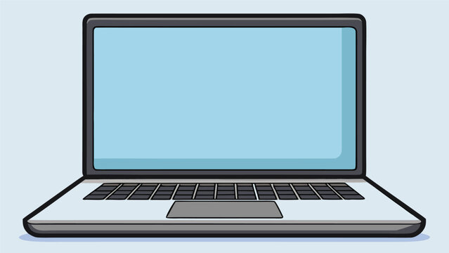 Open laptop computer with blank blue screen for digital display mockup in a flat minimalist cartoon illustration style