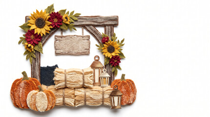 Fototapeta premium Harvest-themed decoration with pumpkins and sunflowers on display 