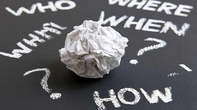 Crumpled white paper ball on dark surface with chalk text questions like who what where when why how for business problem solution study