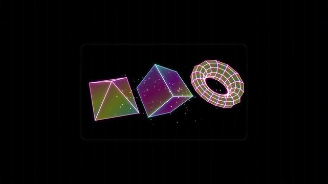 Neon glowing 3D wireframe geometric shapes on black background