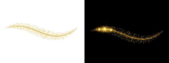 Golden glitter wave with sparkles, luxury magic dust trail, glowing particles flow, abstract light effect for festive design, isolated on transparent background © Rehena