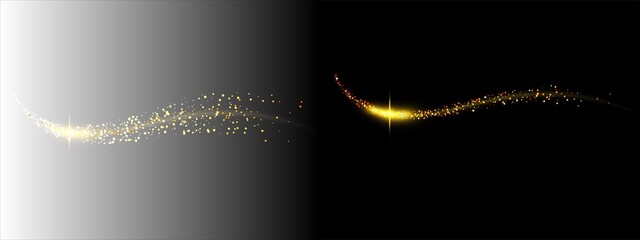 Golden glitter wave with light effect, sparkling dust trail, magic stardust particles, glowing swirl, abstract luxury background, vector illustration © Rehena