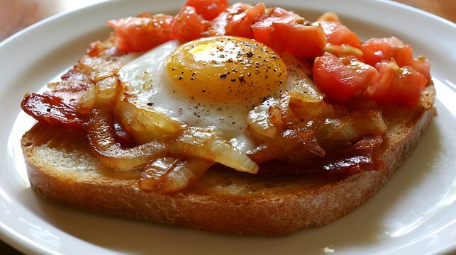 A sunny side up egg with caramelized onions, bacon, and diced tomatoes on sourdough toast. Perfect for a gourmet breakfast or brunch menu photography.