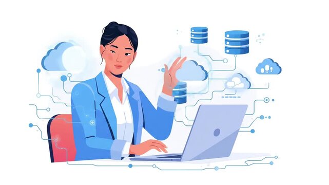 Cloud computing flat vector illustration, business woman managing data server network, digital technology and database storage concept