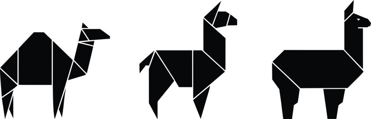 Naklejka premium Origami camel and llama silhouettes in geometric animal paper fold style for minimalist desert animal themes, black paper craft icons with clean edges