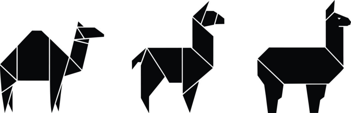 Origami camel and llama silhouettes in geometric animal paper fold style for minimalist desert animal themes, black paper craft icons with clean edges