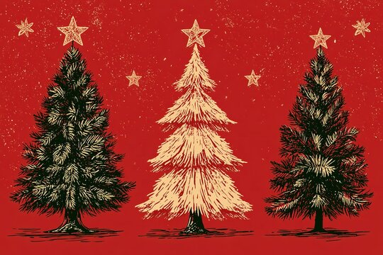 Set of three vintage engraved christmas trees with golden stars on red distressed textured paper for seasonal greeting.