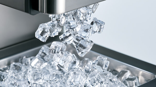 Fresh ice cubes fall from a modern stainless steel machine into a storage bin, creating a frosty and cool effect for beverages