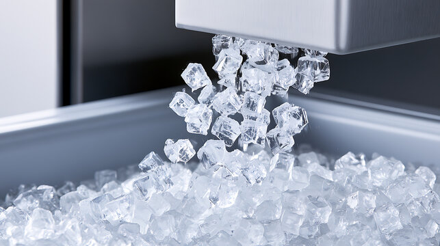 Clear ice cubes fall from an automatic stainless steel commercial ice maker machine into a large storage bin in a professional restaurant kitchen