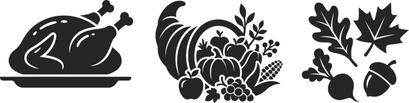 Roasted turkey cornucopia and autumn leaves in flat design style