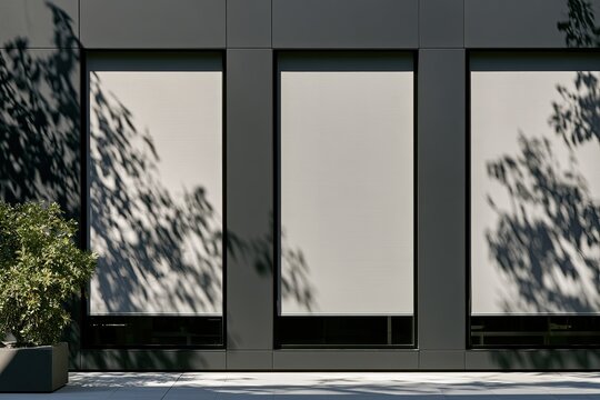 Modern building facade with three roller shades and dappled tree shadows