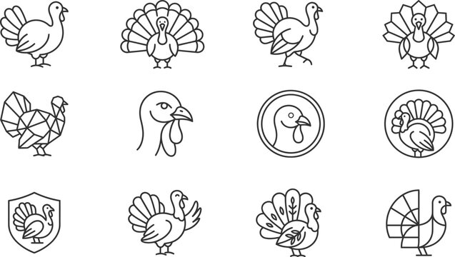 Stylized turkey icons with diverse poses in a clean line art collection for holiday themes