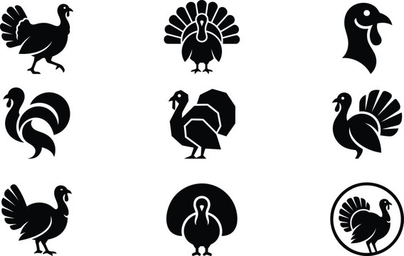 Set of stylized turkey silhouettes in various poses and forms against a white background