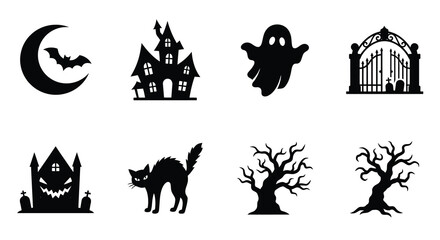 Fototapeta premium Halloween themed icons featuring bats houses and trees in silhouette