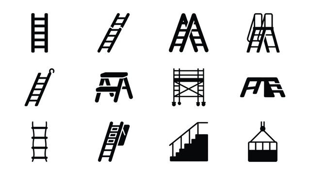 Various types of ladders and construction equipment icons on transparent background