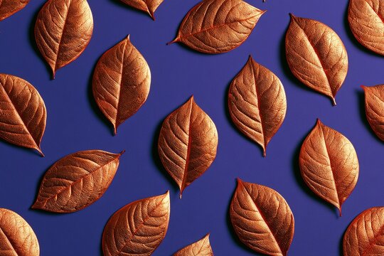 Metallic copper leaves pattern arranged on purple background for premium interior decor and seasonal holiday wallpapering.