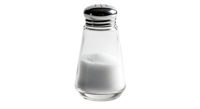 Glass salt shaker with metal lid filled with white salt crystals on a white background