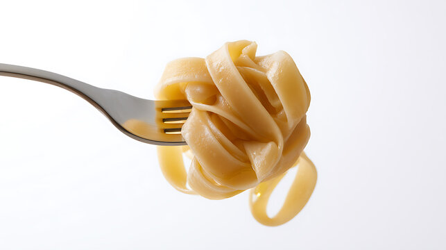 Delicious cooked fettuccine pasta twirled on a metal fork against a clean white background in a studio setting for a commercial food project