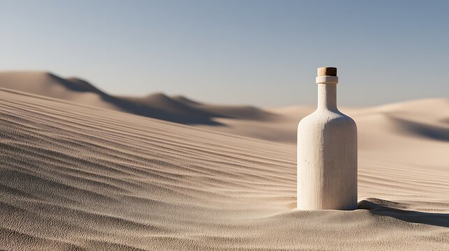 A textured bottle stands in the middle of vast desert sand dunes under clear sunlight. This depicts a metaphor for survival, thirst, or stranded isolation.