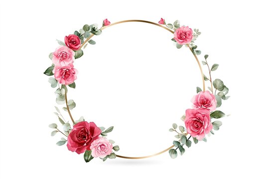 Red and pink roses floral wreath illustration with golden circle frame for wedding invitations and greeting card designs.