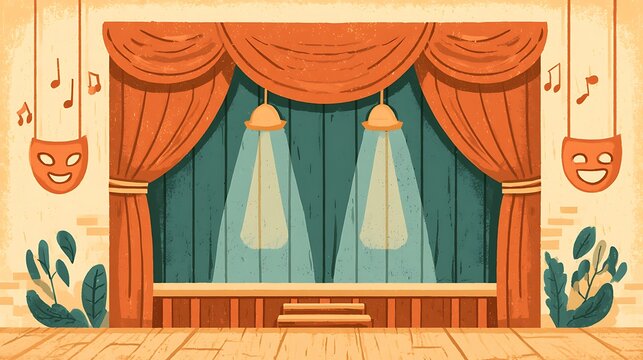 A flat vector illustration of an empty stage with orange curtains and spotlight beams. Ideal for theater arts, performance events, and educational drama concepts.
