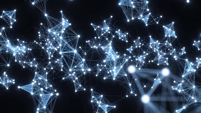 Abstract glowing network nodes and lines moving smoothly with subtle camera zoom in dark background for technology concept