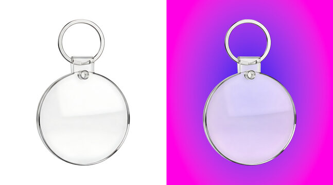 Round transparent acrylic keychain or luggage tag with a metal ring isolated on a white background, for branding and custom