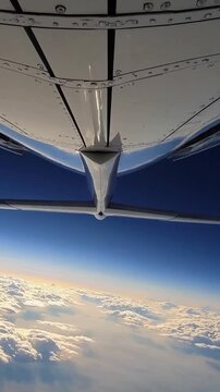 sunlit high altitude wing view clouds passenger observation through window metallic winglet catching glare soft cloudscape below deep blue stratosphere tranquil panorama cinematic aerial broll sense