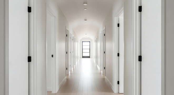 Long empty white corridor with multiple doors and bright light