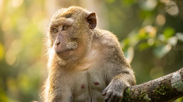 macaque close up at morning light in southeast asian tropical forest video