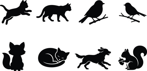 Naklejka premium Animal and Bird Silhouette Collection with Wild Nature Creatures