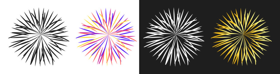 Fototapeta premium Colorful fireworks burst vector set in black, pink, and yellow on a transparent background.